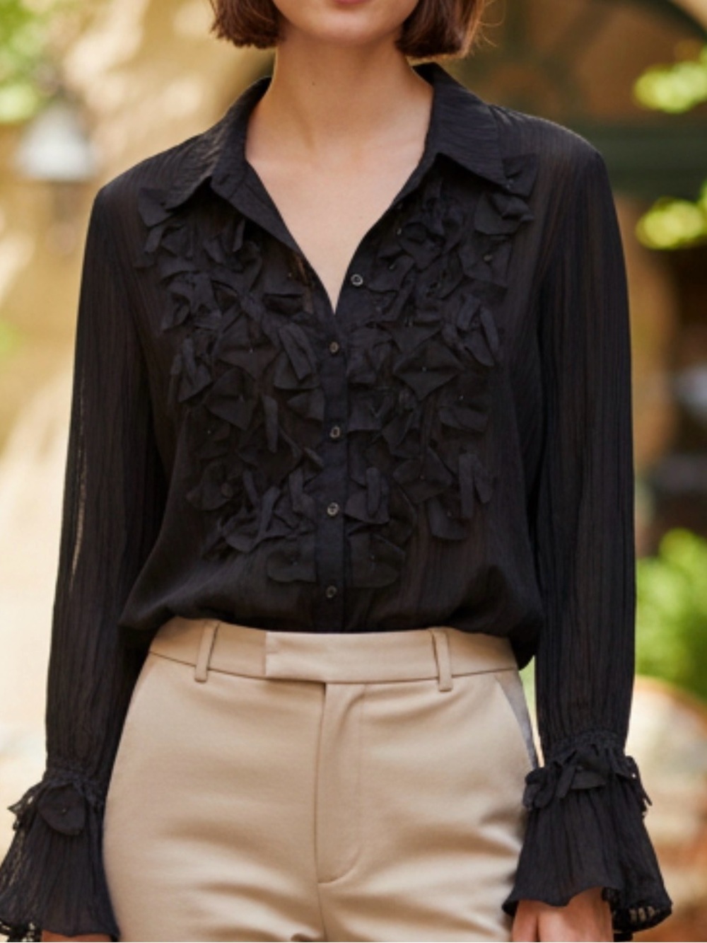 Notations Black Ruffle Front Button Blouse